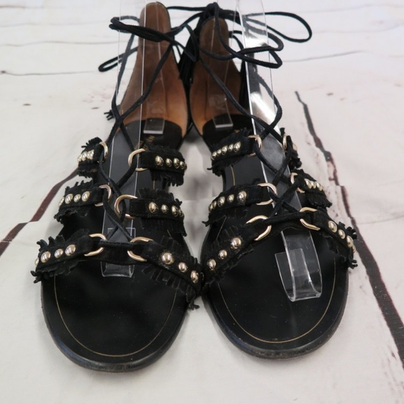 Aquazzura Sandal Tulum Black Studded Fringed Suede - Picture 2 of 8
